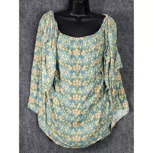 Chic Soul Floral Print Blouse 3XL Blue White Flowy Peasant Top USA Cottagecore